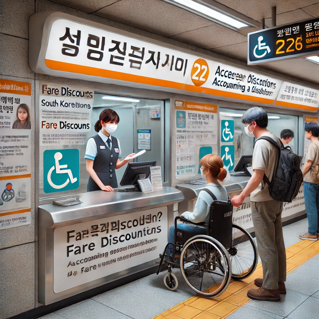 보호자가 지하철역 매표소에서 동반 할인 적용 여부를 문의하는 장면. 
