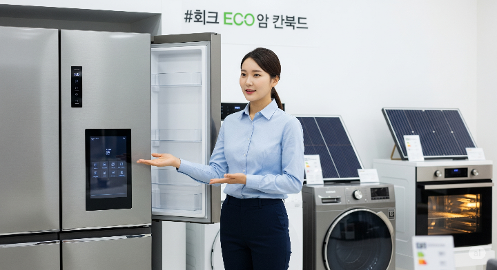 친환경 에너지 효율 가전제품을 설명하는 직원