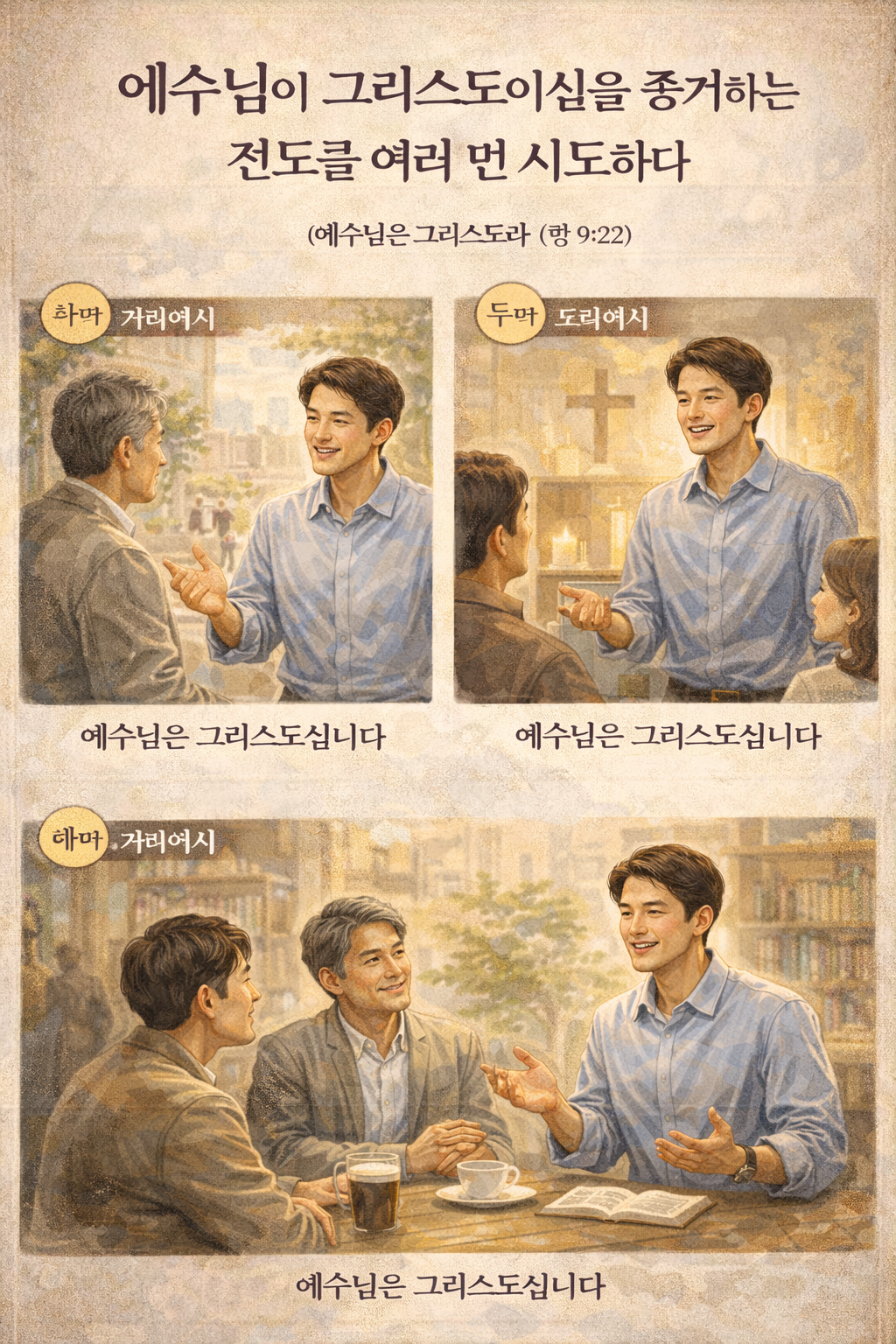 행 9:22 말씀을 보며&amp;#44; 사울이 다마스커스에서 증거한 것은 예수님이 그리스도라는 것이며&amp;#44; 그것이 시간이 갈수록 강해지는 증거가 됨을 볼 수 있었습니다. 저도 말씀의 진리를 전할 때 다른 말도 중요하지만 예수님께서 그리스도이심을 전하는 것이 중요한 메시지임을 기억하며&amp;#44; 예수님이 그리스도이심을 증거하는 전도를 3회 이상 시도하는 모습입니다.