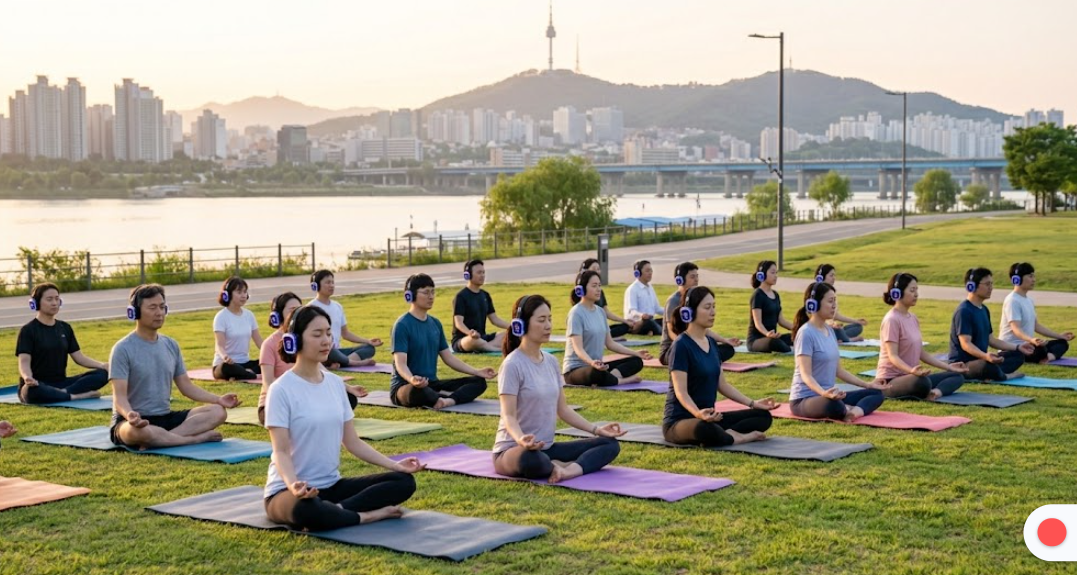 한강 잔디밭에서 무선 헤드셋을 착용하고 요가를 즐기는 사람들의 평화로운 모습