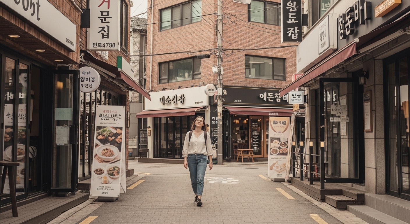 Foreign traveler walking in a trendy Seoul street during Seoul travel