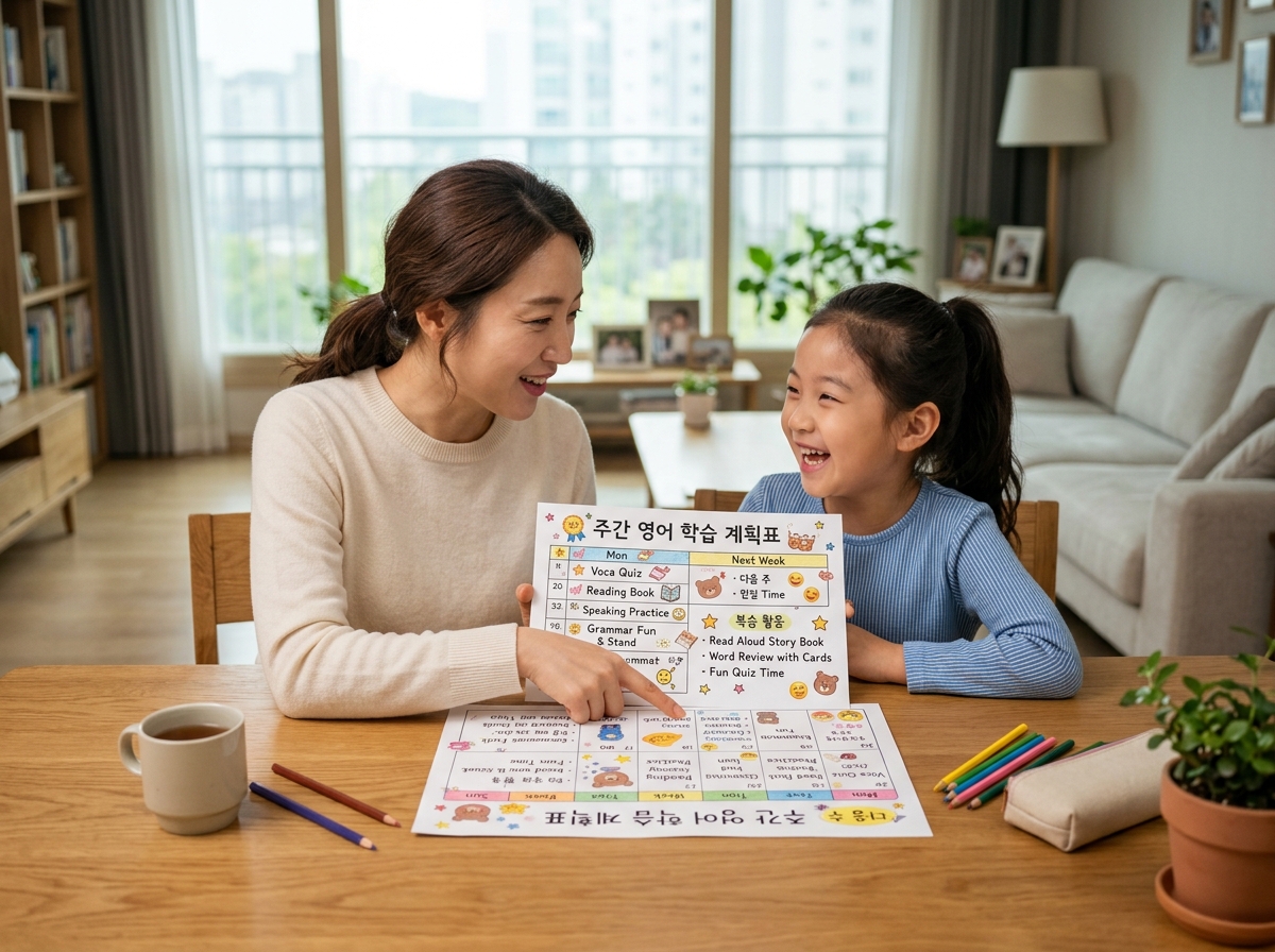 학부모와 초등학생 자녀가 영어 학습 계획표를 보며 대화하는 모습
