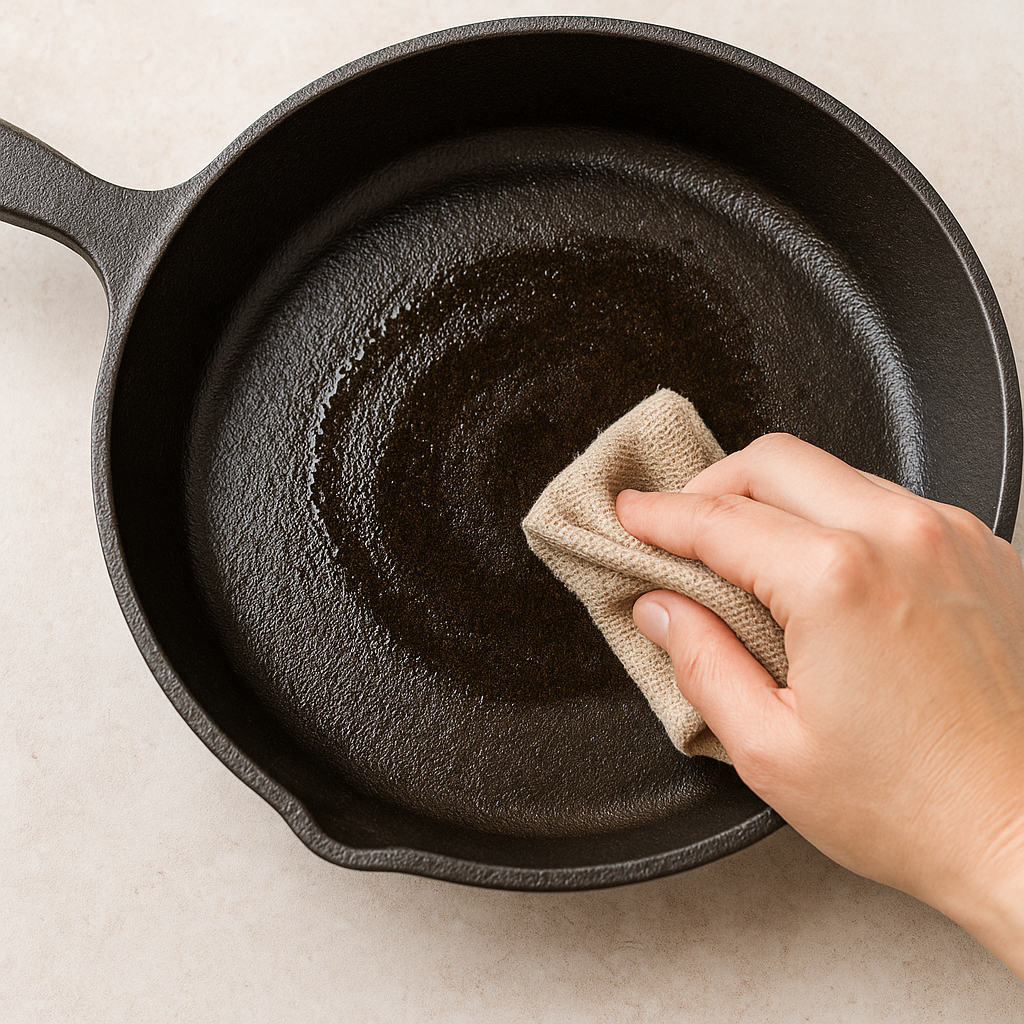 무쇠 프라이팬 내부에 얇게 오일을 바르는 손과 천