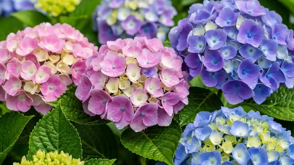 수국차로 쓰이는 수국꽃 여러송이가 피어 있음