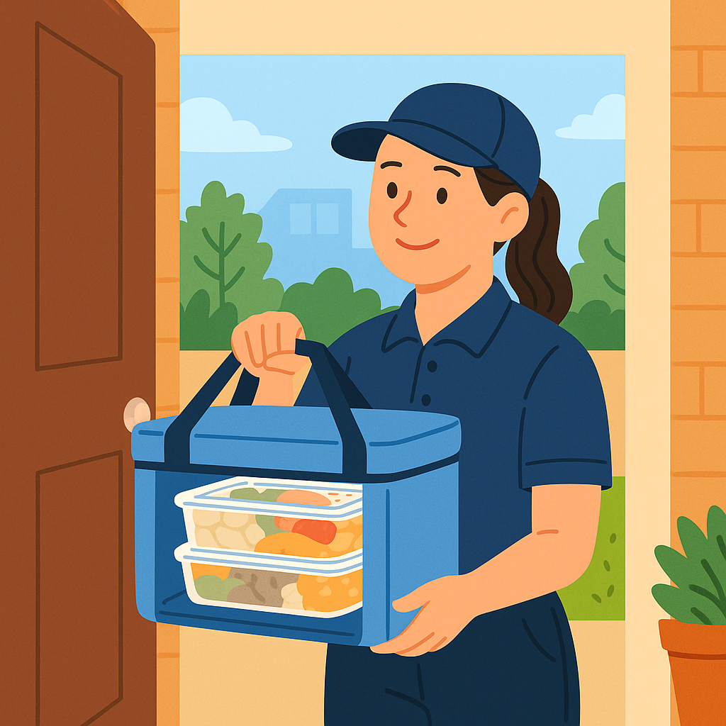 파란 유니폼과 모자를 착용한 여성이 단열 보냉 도시락 가방을 들고 가정집 현관 앞에서 배달을 완료하는 장면의 평면 일러스트, 가방 안에는 반찬이 담긴 도시락이 두 개 겹쳐져 있음