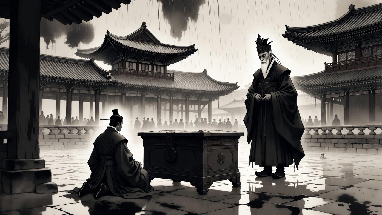 비 내리는 궁궐의 뒤주 장면