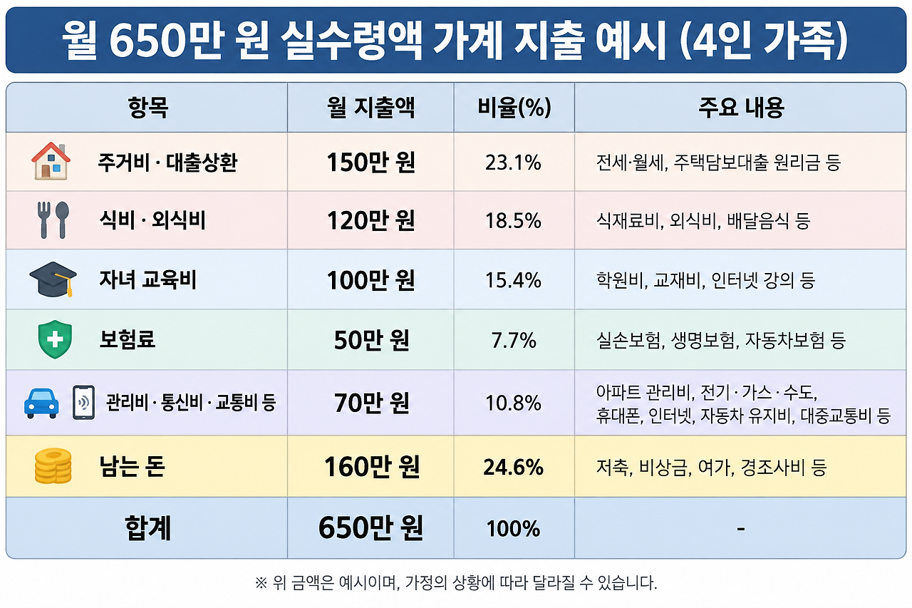 월650만원 실수령액 4인가족 가계 지출 예시