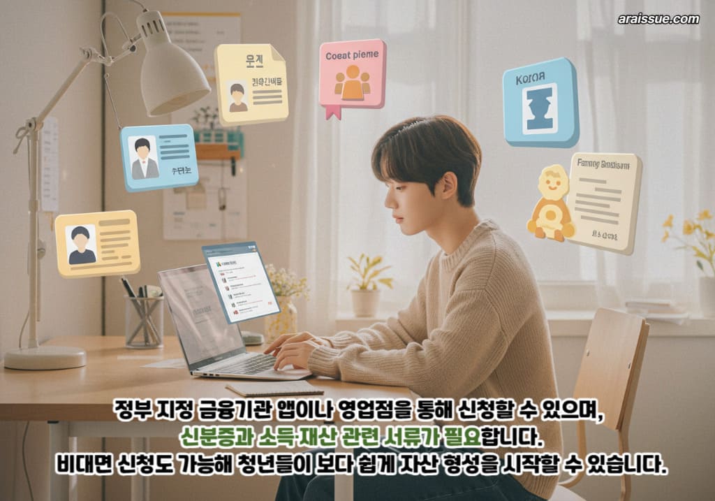 정부 지정 금융기관 앱이나 영업점을 통해 신청할 수 있으며, 신분증과 소득·재산 관련 서류가 필요합니다. 비대면 신청도 가능해 청년들이 보다 쉽게 자산 형성을 시작할 수 있습니다.