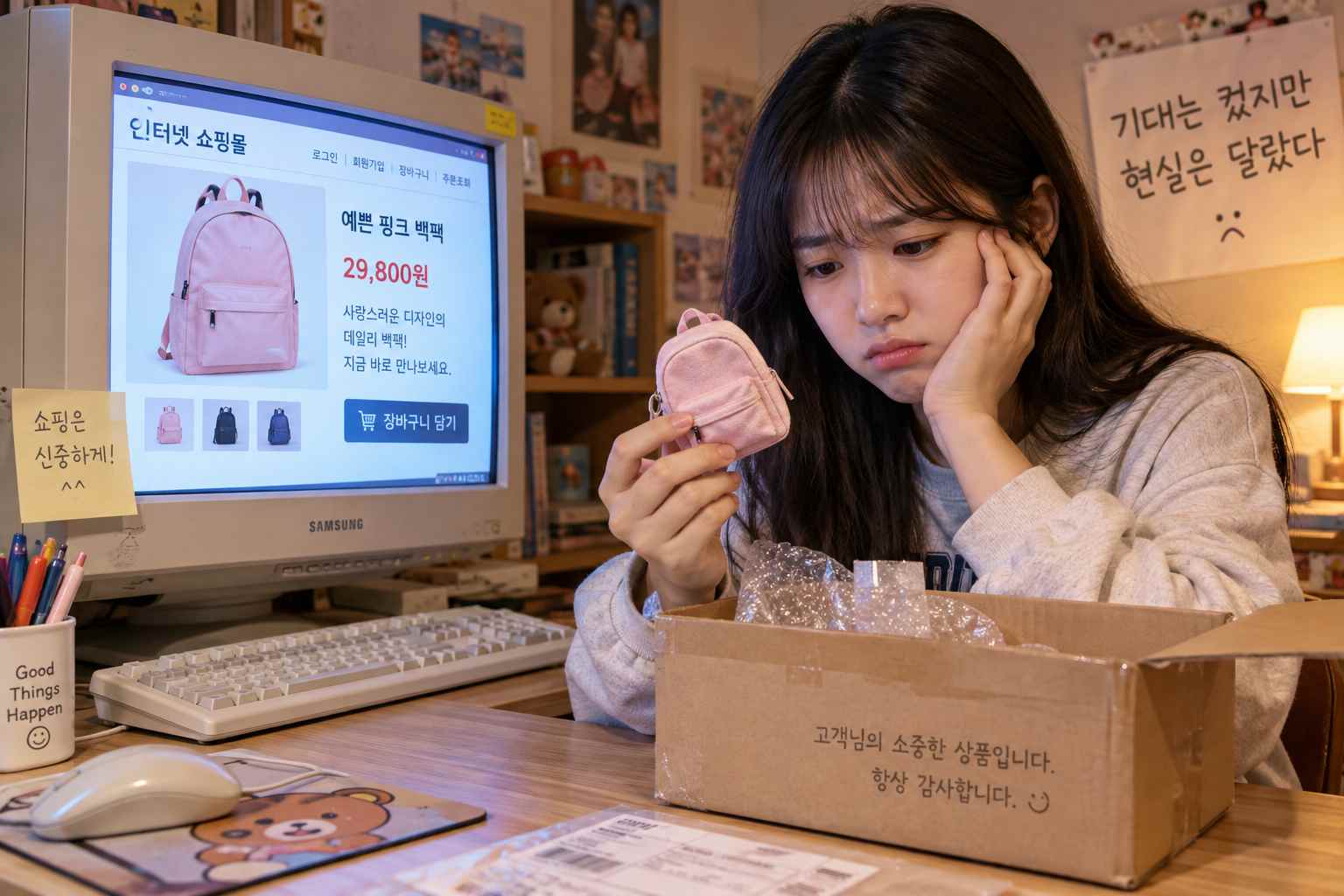 CRT 모니터의 인터넷 쇼핑몰 상품 사진과 손에 든 실제 물건의 크기를 비교하는 모습