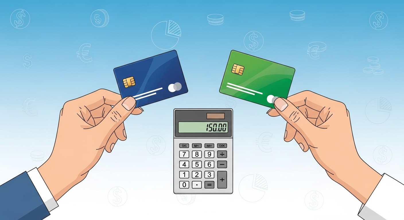 맞벌이 부부가 신용카드를 들고 계산기로 카드 사용액 공제 전략을 논의하는 모습