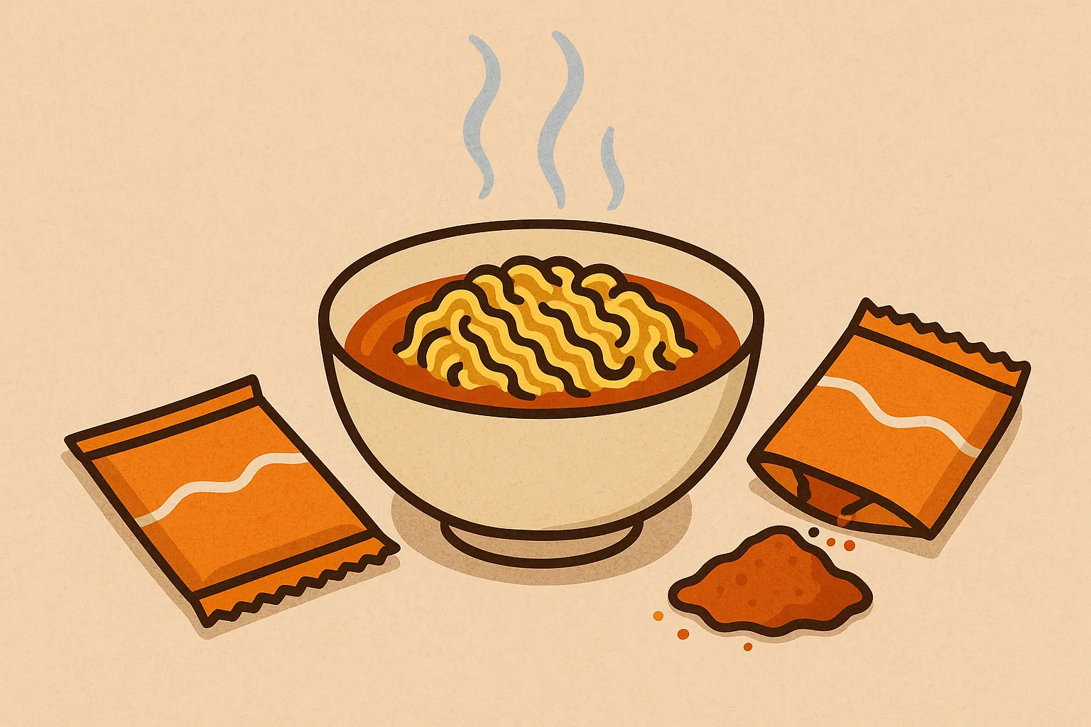 인스턴트-라면을-끓일-때-스프를-반만-넣는-건강-개념을-표현한-일러스트로,-따뜻한-톤의-라면-그릇과-반쯤-비워진-스프-봉지가-함께-묘사되어-나트륨-절감과-균형잡힌-식습관을-상징함.