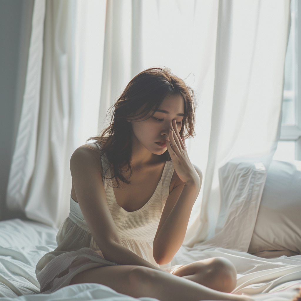 수면 부족으로 피곤해 하는 여성, 실사형 이미지