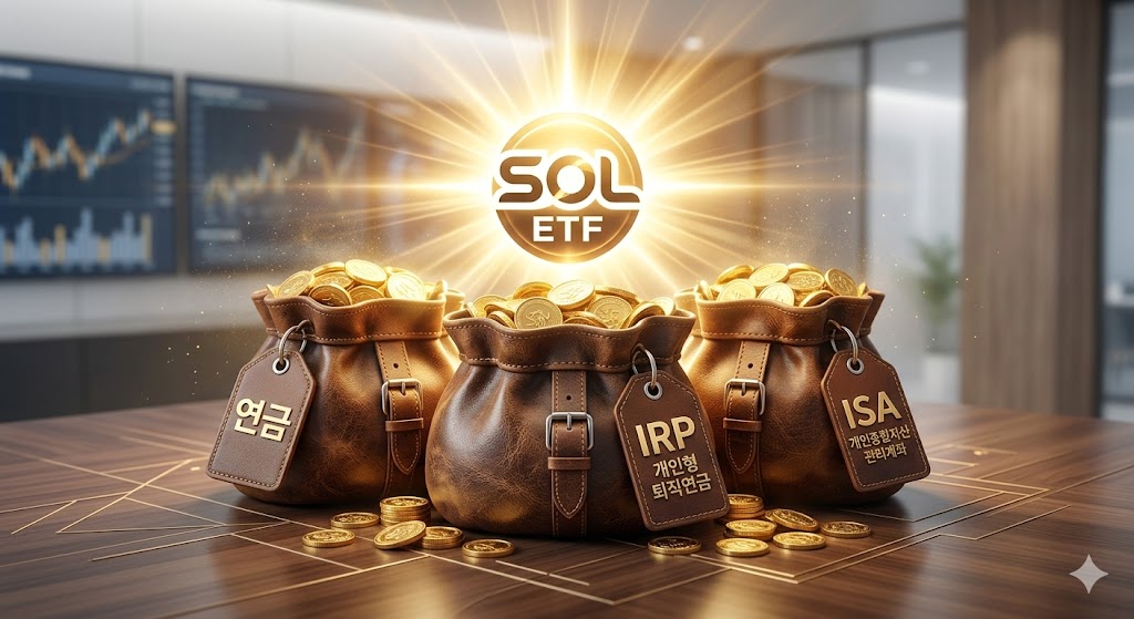 금화 주머니(연금, IRP, ISA)와 SOL ETF 로고가 빛나는 모습
