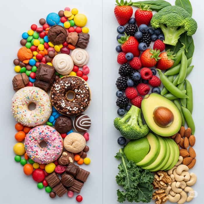 건강한 탄수화물과 그렇지 않은 탄수화물을 시각적으로 명확하게 비교하는 이미지입니다. 한쪽에는 통곡물, 다채로운 과일, 채소 등 건강한 탄수화물 식품이 밝고 자연스러운 조명 아래 놓여 있고, 다른 한쪽에는 가공된 빵, 설탕이 많은 간식 등이 어두운 조명 아래에 있어 건강한 선택을 장려합니다.