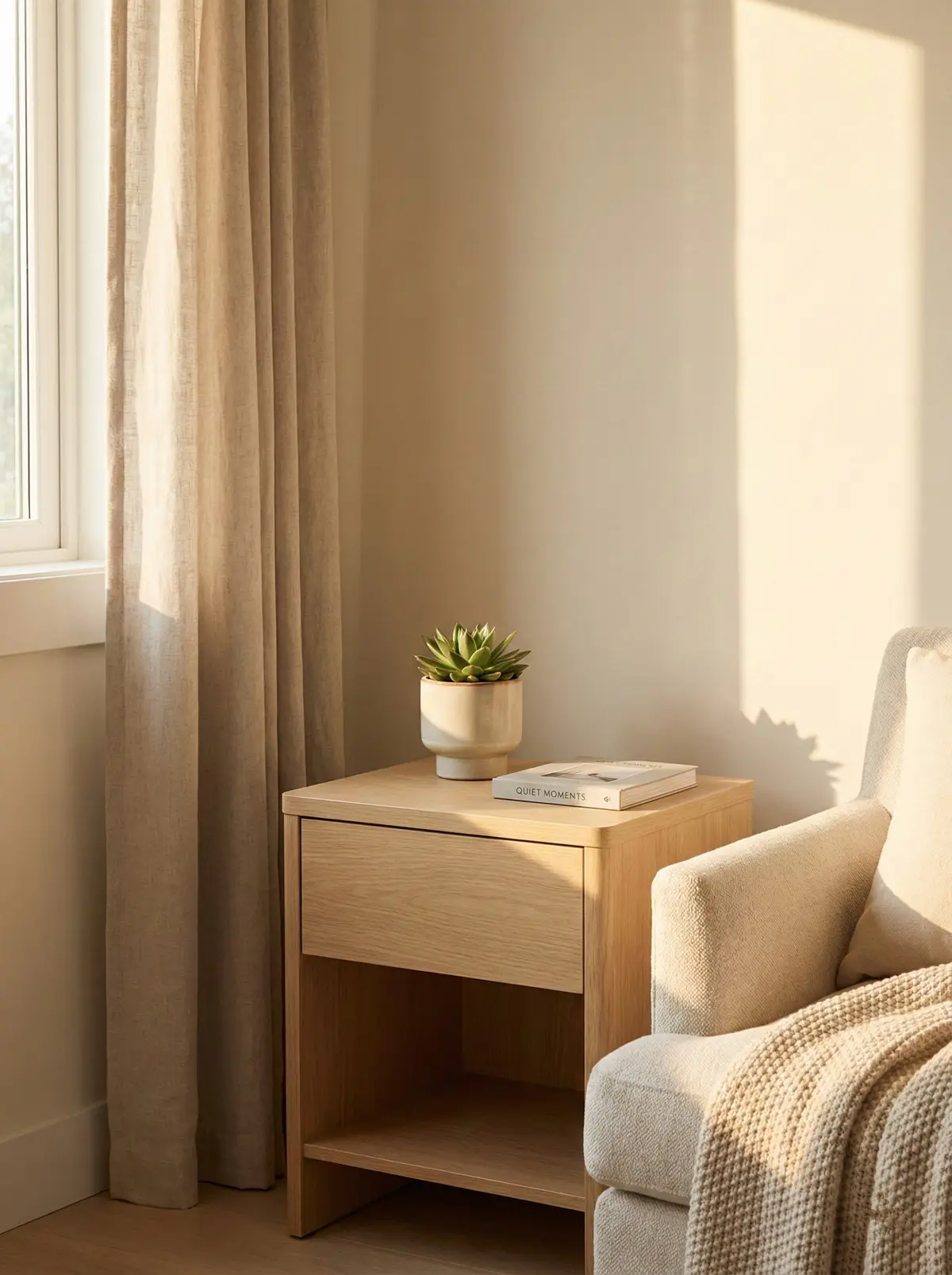 정리가 끝난 후 햇살이 드는 깨끗하고 평온한 방의 모습