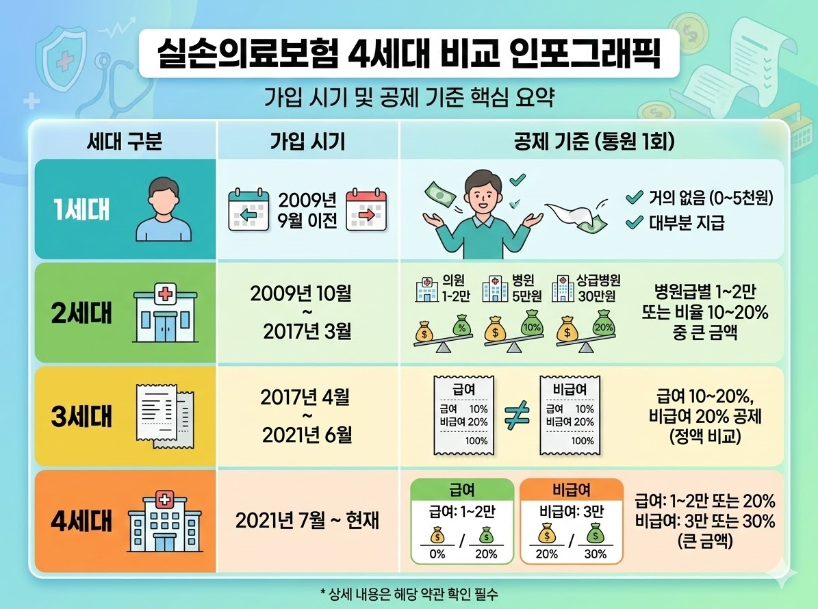 실손의료보험 1세대 2세대 3세대 4세대 비교 가입 시기와 통원 공제 기준 요약