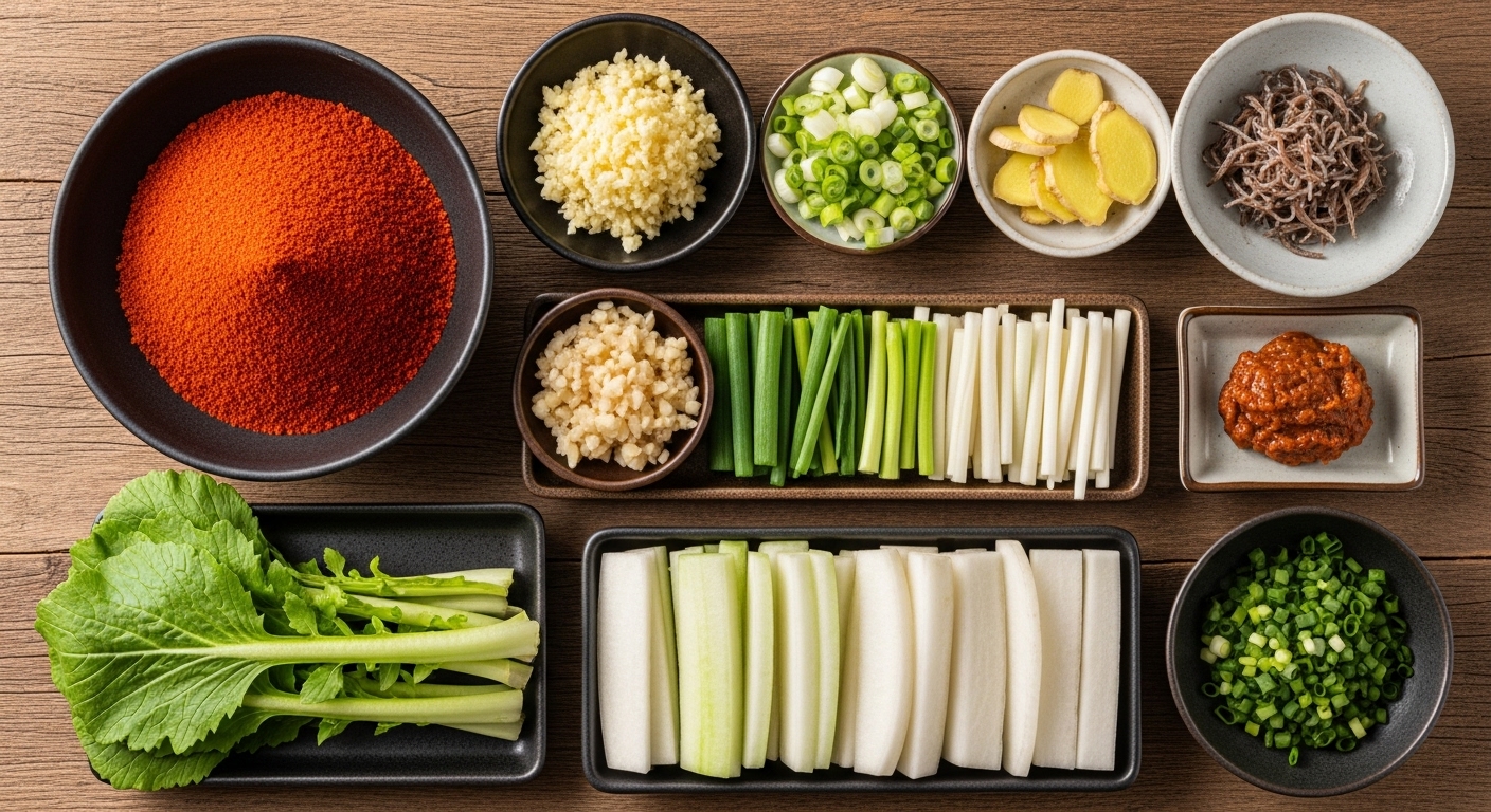 김치 양념을 위한 고춧가루, 마늘, 무채 등 신선한 재료들이 정갈하게 놓인 모습.