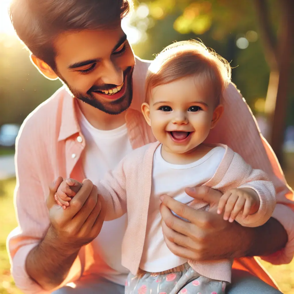 햇살 가득한 공원에서 딸아이와 놀아주는 행복한 젊은 아버지의 초고해상도 사진