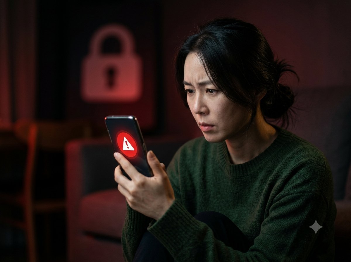 의심스러운 지원금 문자를 확인하며 보안에 주의하는 스마트폰 사용자