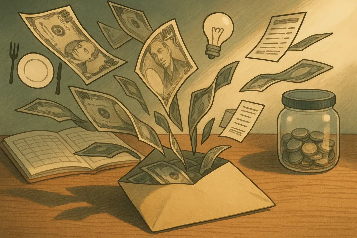 월급봉투에서 돈이 흩어져 나가는 모습을 형상화한 이미지, 배경에는 가계부와 저축통이 있는 재무관리 콘셉트