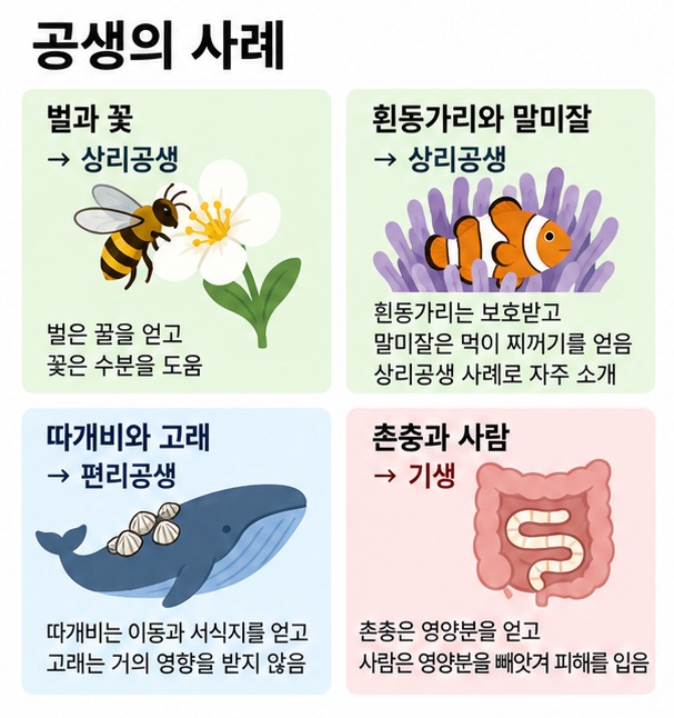 벌과 꽃 흰동가리와 말미잘 따개비와 고래 촌충과 사람의 공생 사례를 비교한 이미지