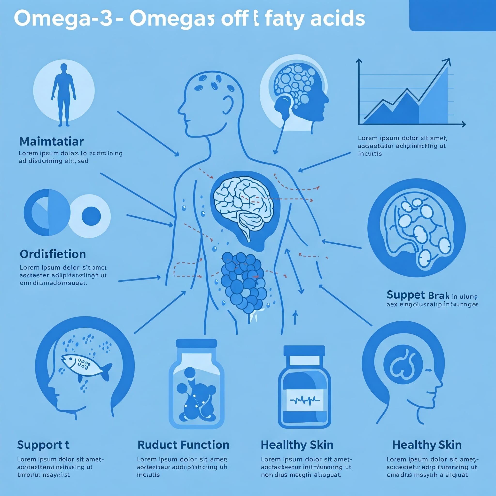 상황: 오메가-3 관련 시각 자료 + 시각화 방식: 인포그래픽 스타일 + 톤: 전문적이고 깔끔한 블루톤