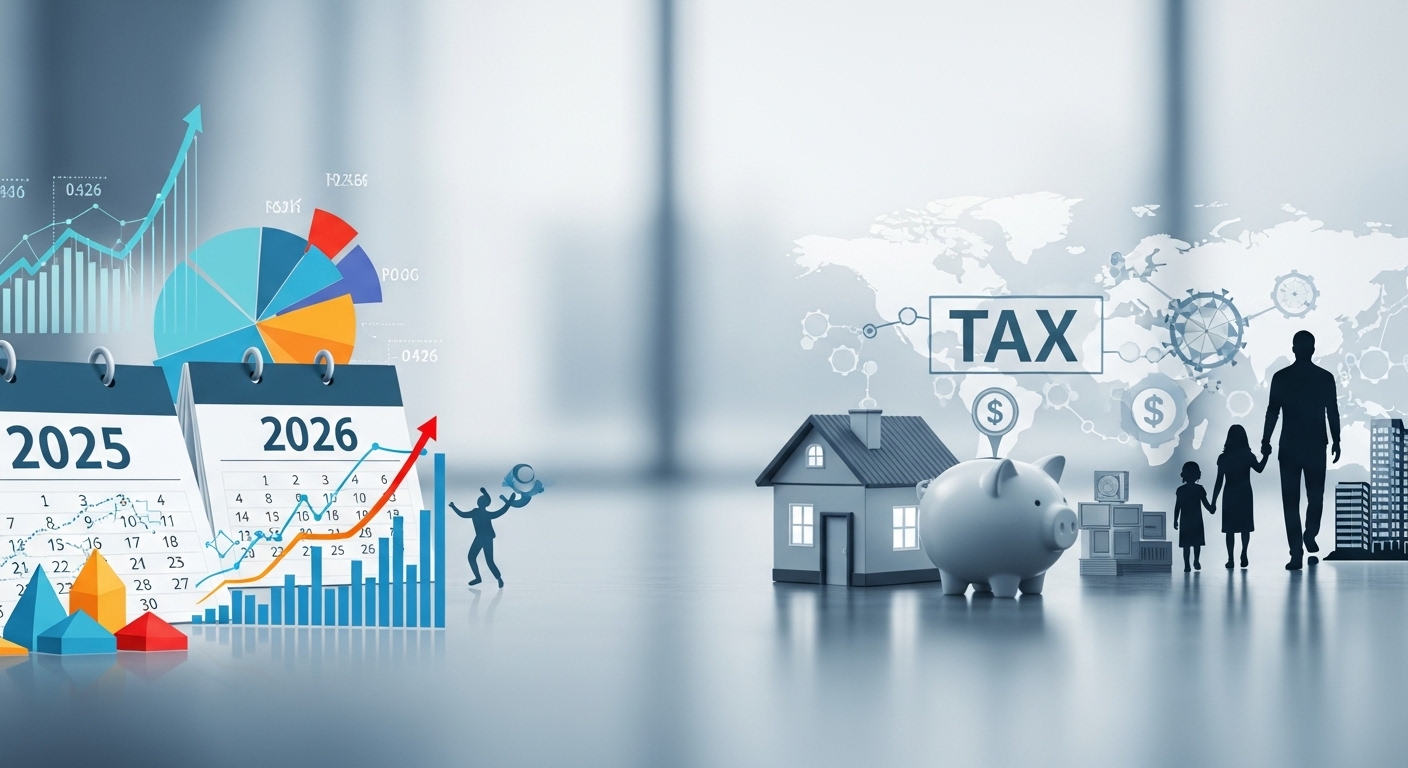 2025년과 2026년 달력, 성장하는 그래프, 집, 가족, 돼지 저금통 등 다양한 절세 요소를 보여주는 시각적인 재정 계획 이미지