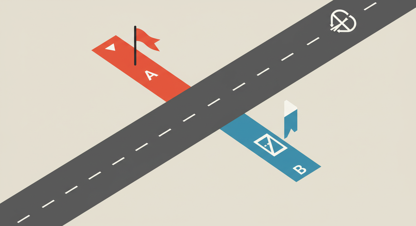 두 개의 갈라지는 트랙이 서로 다른 깃발로 향하는 상징 이미지: 즉시 반응과 기억도를 의미하는 아이콘