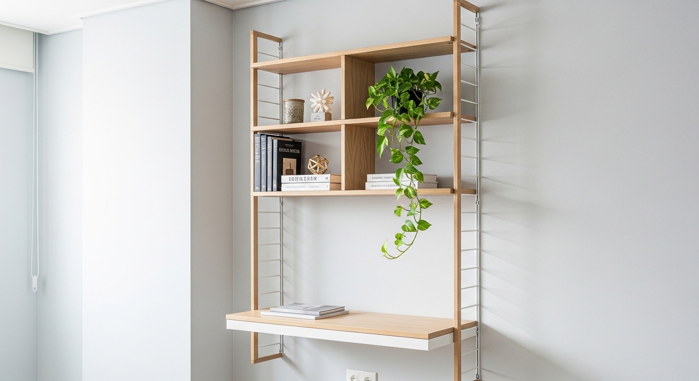 좁은 오피스텔 벽면을 활용한 수직 수납 인테리어. 책과 식물로 꾸며진 깔끔한 원목 벽 선반.