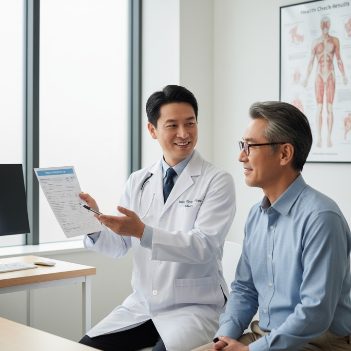 흰 가운을 입은 친절한 의사가 50대 남성 환자에게 건강검진 결과표를 보여주며 미소와 함께 설명해주고 있는 모습