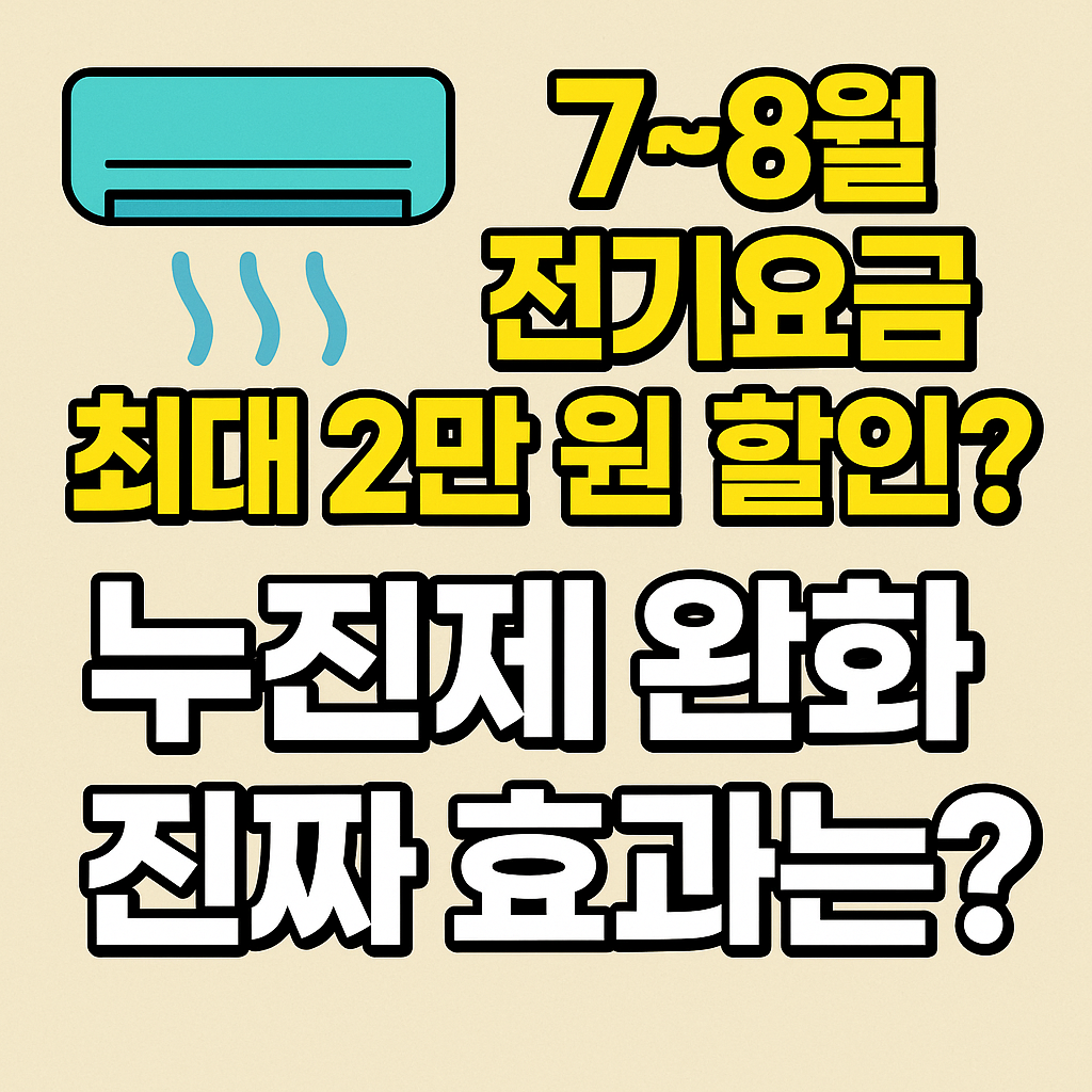 에어컨 아이콘과 함께 "7~8월 전기요금 최대 2만 원 할인? 누진제 완화 진짜 효과는?"이라는 문구가 강조된 썸네일 이미지