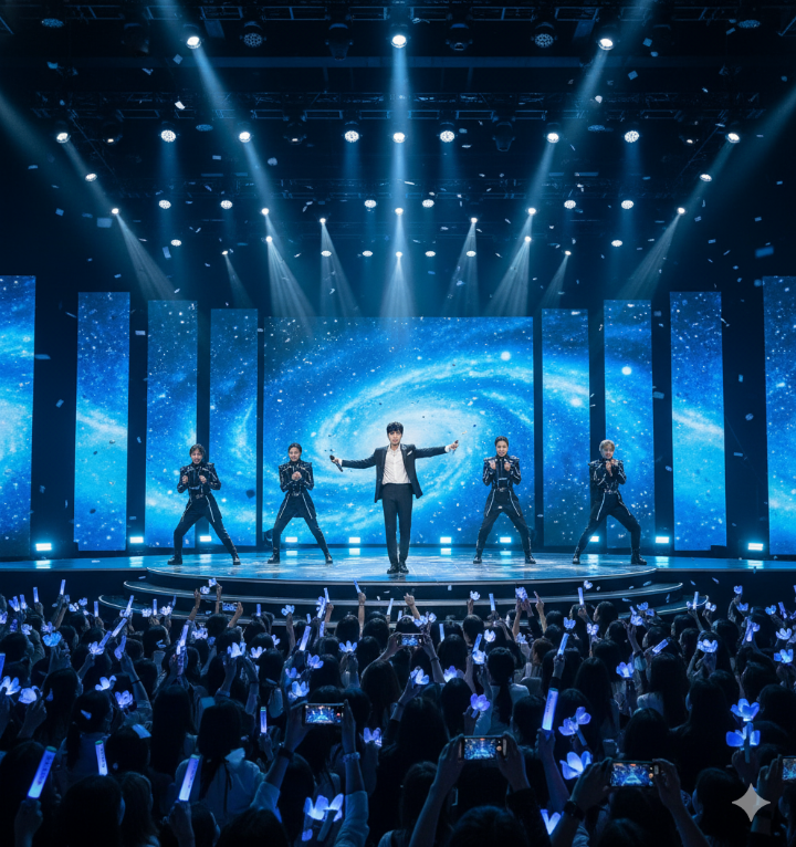 IM HERO TOUR 2025 콘서트 현장에서 임영웅 님과 댄서들이 함께 화려한 퍼포먼스를 펼치는 모습