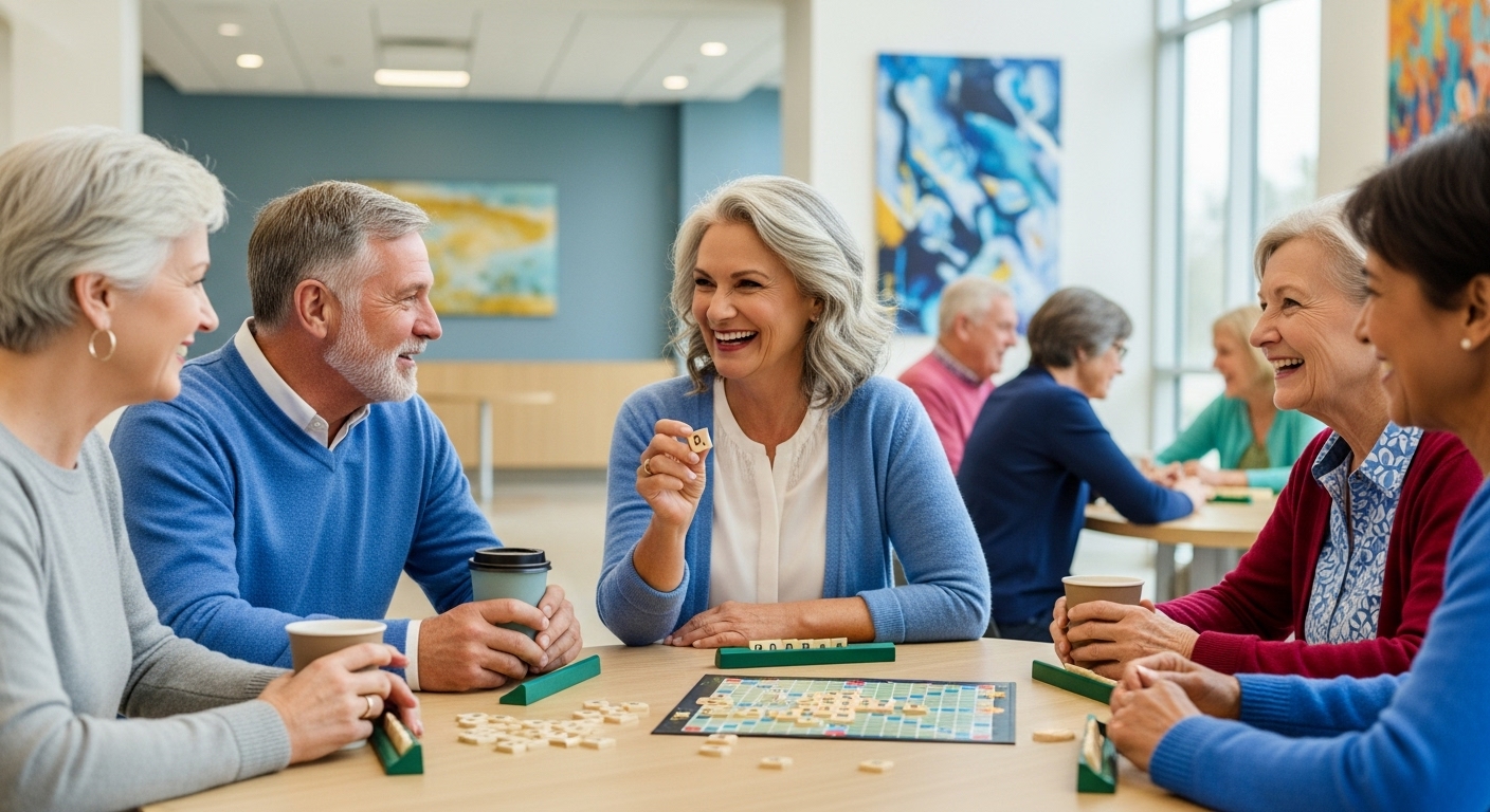 밝고 현대적인 커뮤니티 센터에서 보드게임을 하거나 친구들과 웃으며 커피를 마시는 활기찬 60대 이상 커플의 모습. 사회적 교류와 정신적 활력을 강조.