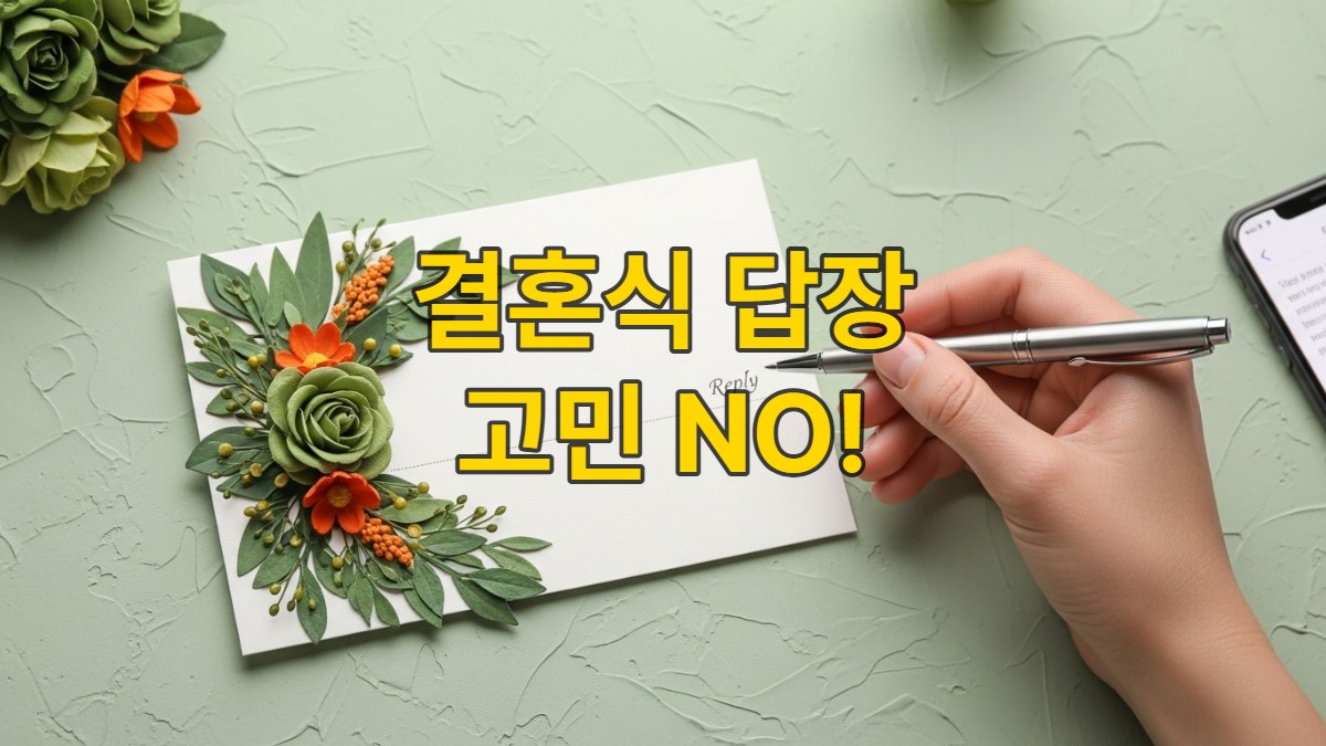 초록색과 오렌지색 꽃 장식이 있는 아름다운 결혼식 초대장 옆에 펜을 든 손이 답장을 쓰기 위해 준비하는 모습. 사려 깊고 우아한 분위기를 풍기며, 스마트폰이 함께 놓여 디지털 답장도 고려함을 나타냄.