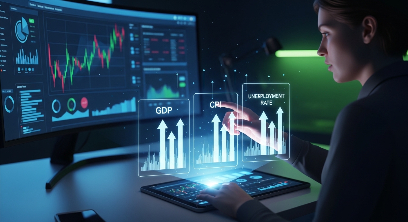 신문 기사와 함께 GDP CPI 실업률 등 경제 지표 그래프를 분석하는 전문가의 모습을 3D로 시각화한 일러스트