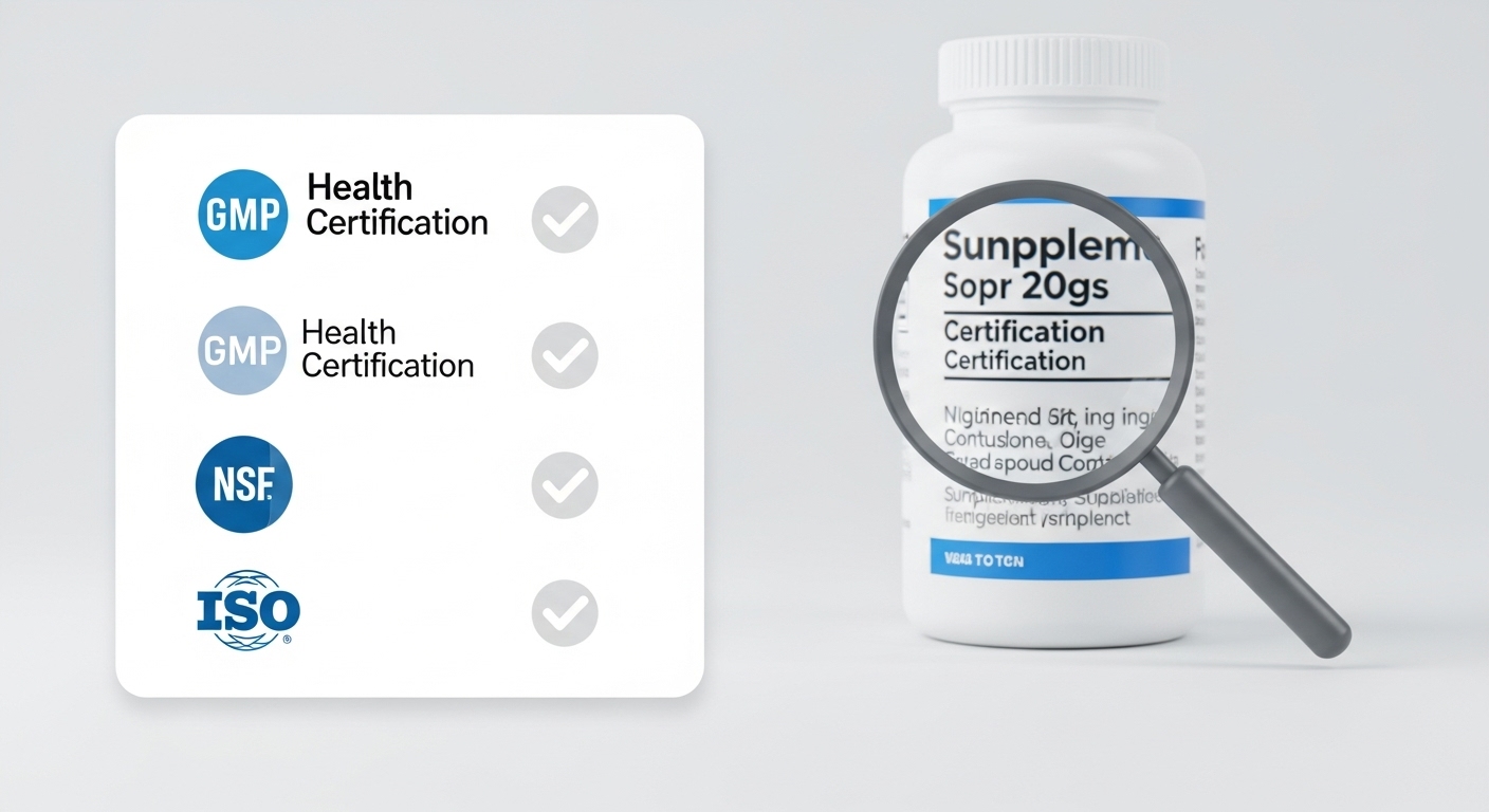 영양제 제품의 GMP, NSF 등 다양한 건강 인증 마크와 성분표를 돋보기로 확인하는 모습. 신뢰할 수 있는 영양제 선택의 중요성을 강조합니다.