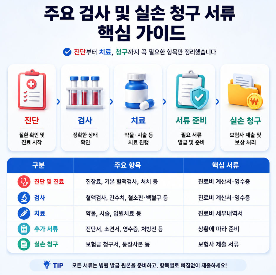 1. 진드기 물림 뒤 진찰료, 혈액검사, 감염 의심 검사, 실손 청구 서류 확인 기준을 한눈에 정리한 의료 인포그래픽