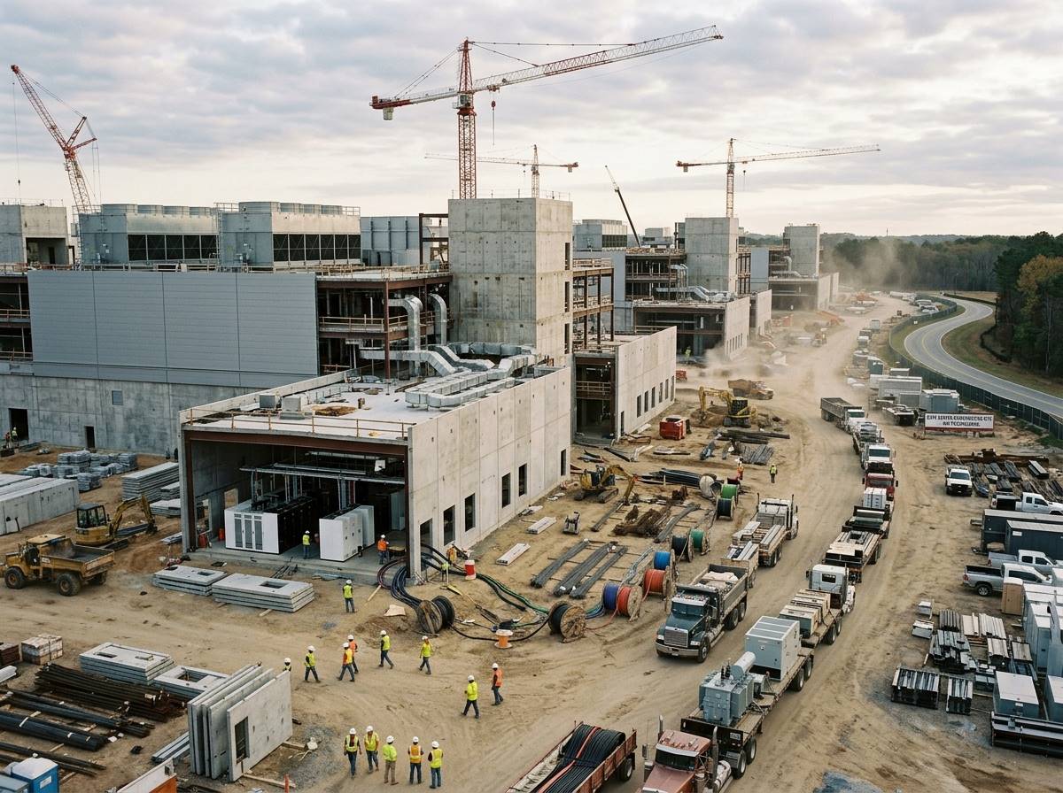 거대한 건설 현장에 데이터센터가 지어지는 모습