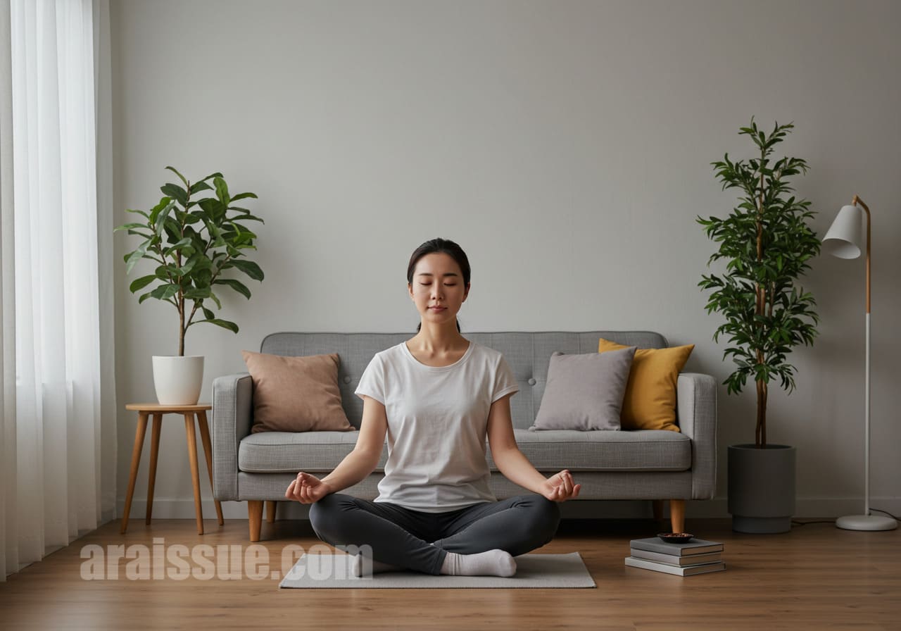 자궁근종 수술 후 정신적 회복을 위한 명상, 아늑한 거실에서 편안하게 명상하는 한국 여성. 자연광과 식물이 어우러진 공간에서 휴식을 취하고 있습니다.