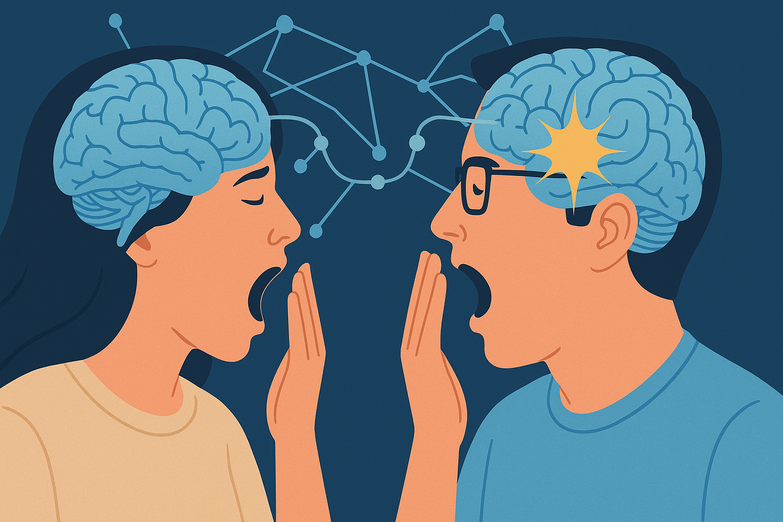 거울신경세포 작용을 시각적으로 표현한 뇌 그래픽
하품 전염의 뇌 과학적 원리를 보여주는 일러스트