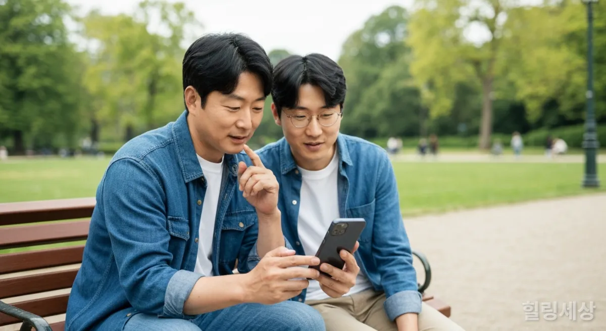 유럽 공원 벤치에 앉아 트래블월렛 앱으로 거래 내역을 확인하는 한국인 아버지와 자녀