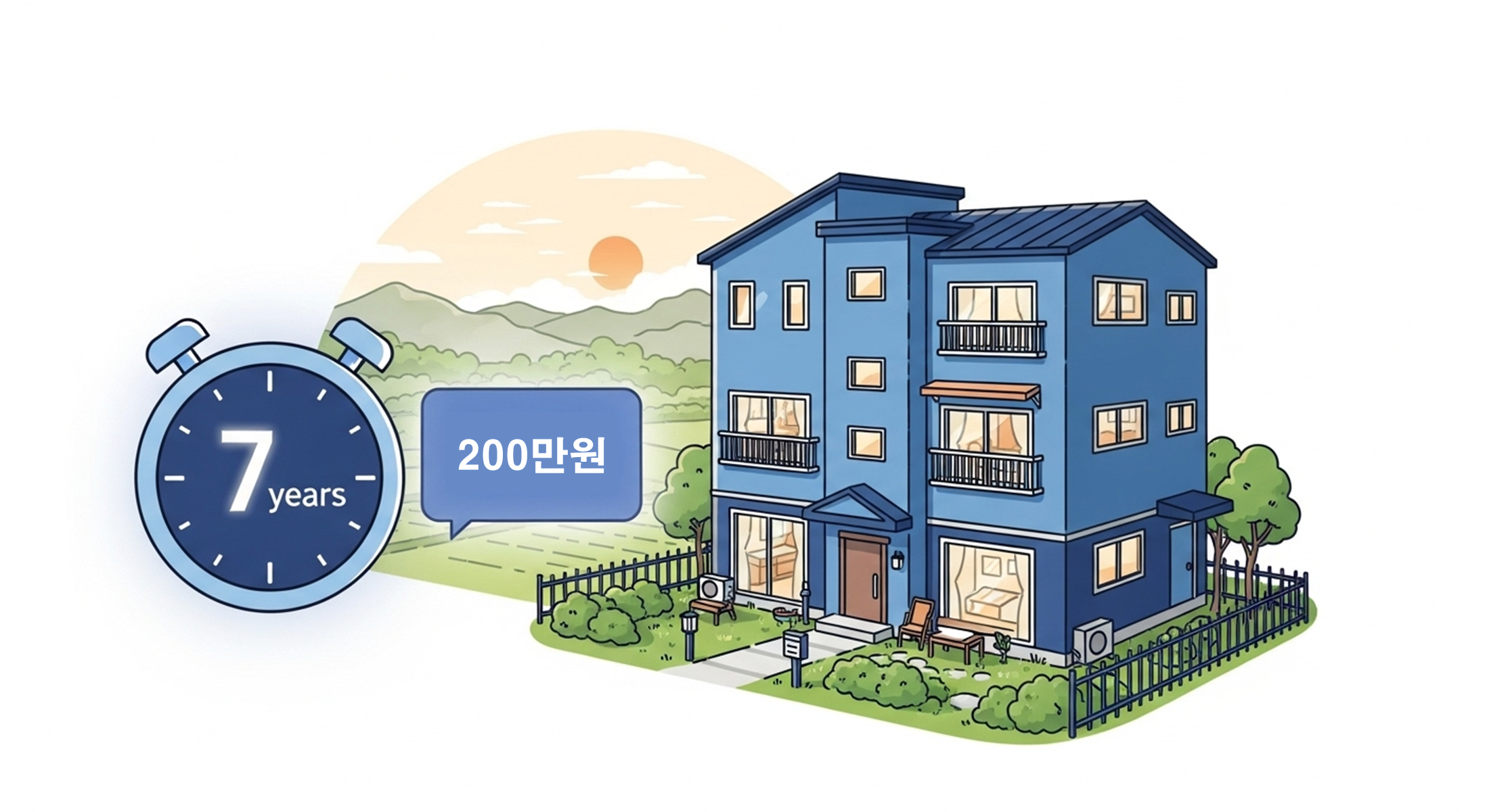 아파트 건물과 '7년', '200만원' 표시가 있는 그림. 강화군 신혼부부 전월세 대출 이자 지원 확대를 나타내는 이미지.