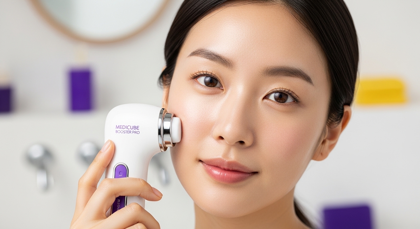 민감성 피부를 가진 여성이 메디큐브 부스터 프로를 안심하고 사용하는 모습. 피부가 건강하고 빛나 보입니다.