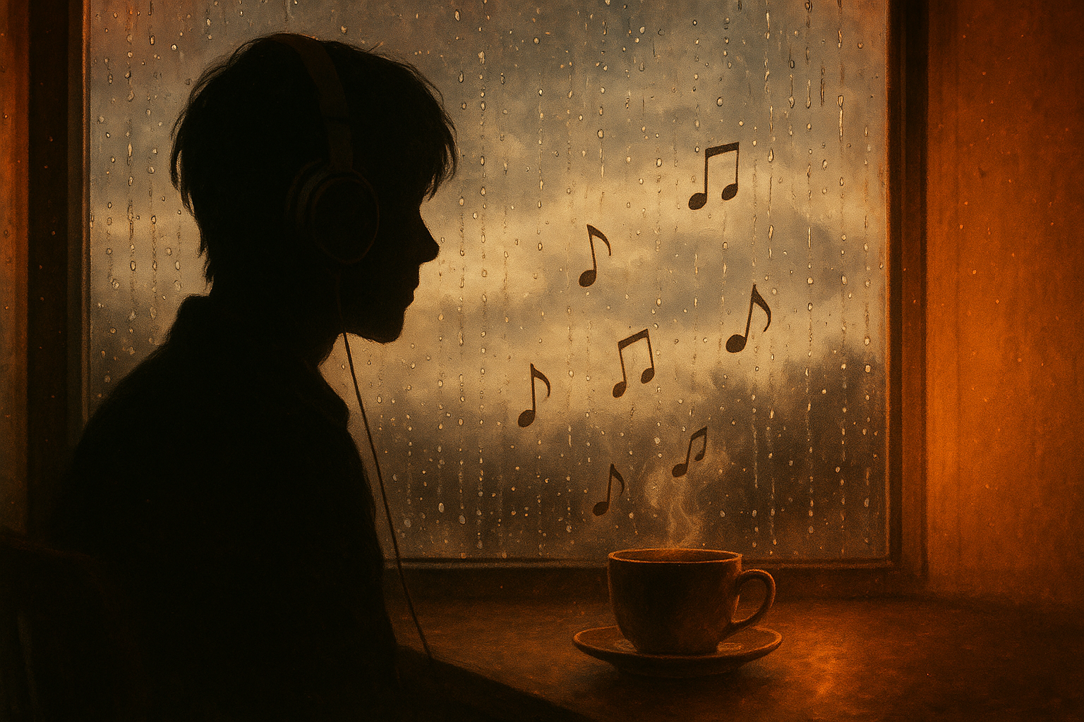 비 오는 창가에서 헤드폰을 끼고 음악을 듣는 사람의 실루엣