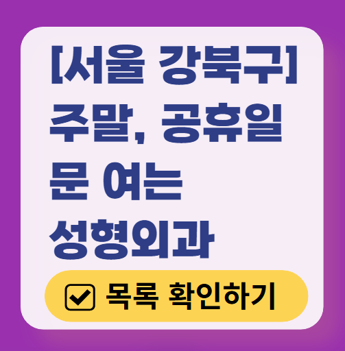 서울 강북구 주말 문 여는 성형외과 병원 추천 리스트 ❘ 토요일, 일요일, 공휴일 진료 목록(쌍꺼풀, 눈재수술, 리프팅, 보톡스 잘하는 곳은?)