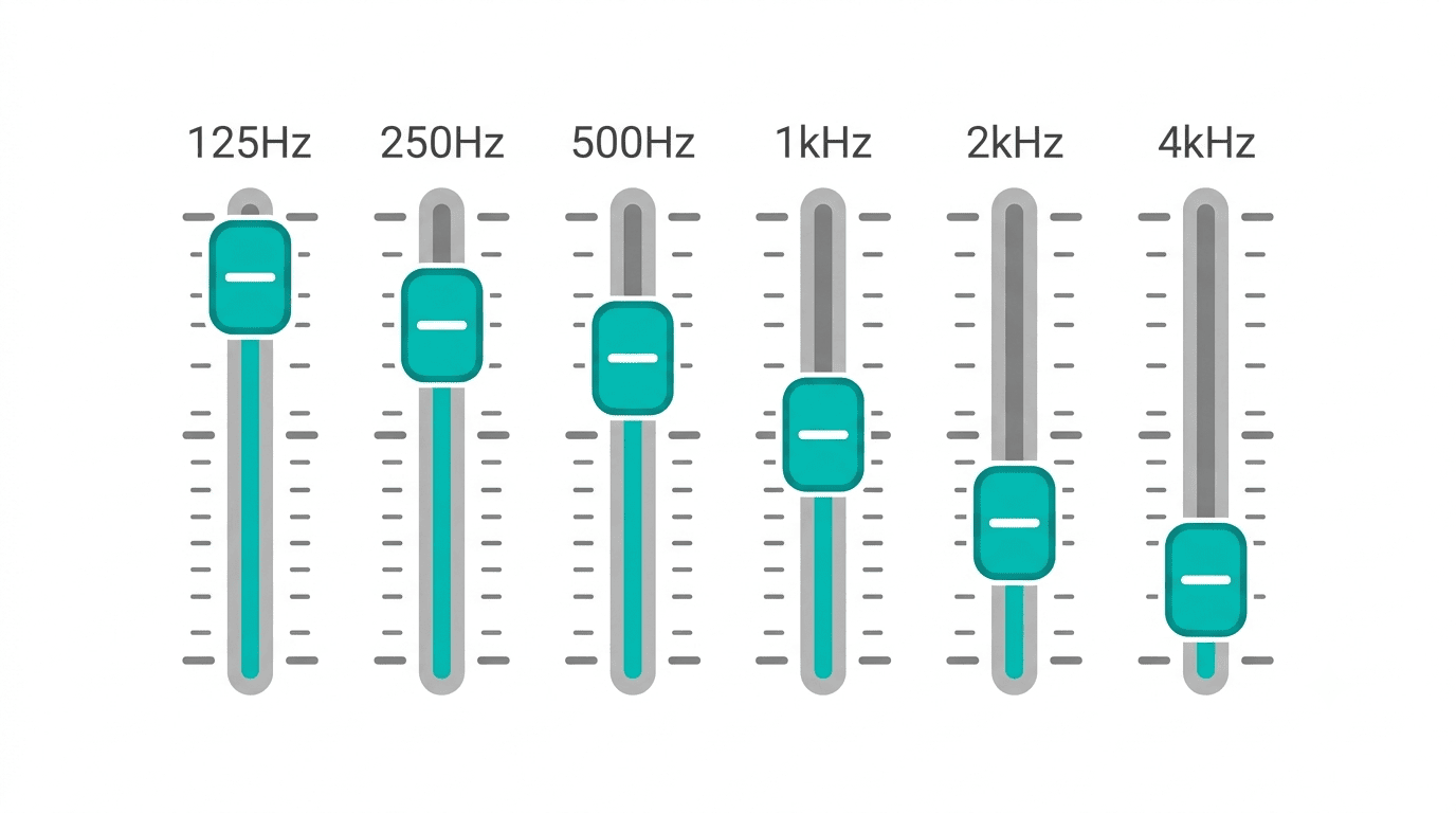 125Hz부터 4kHz까지 6개 중심주파수 대역별로 볼륨을 조절하는 백색소음기 이퀄라이저 구조
