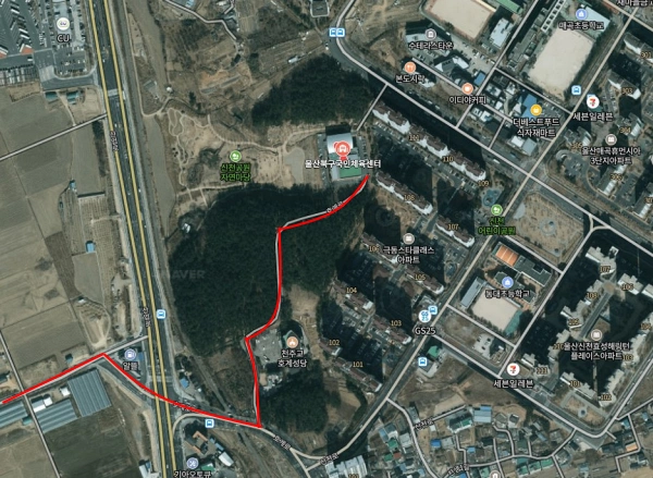 울산북구국민체육센터 위치와 통행로가 표시된 지도