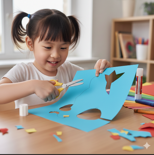 가위질 하며 소근육 활동하는 모습