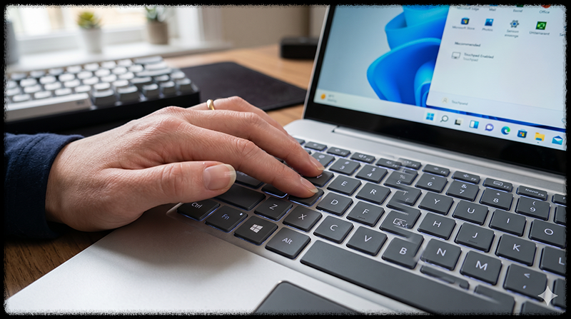 노트북에서 Fn 키를 눌러 터치패드를 활성화하는 모습