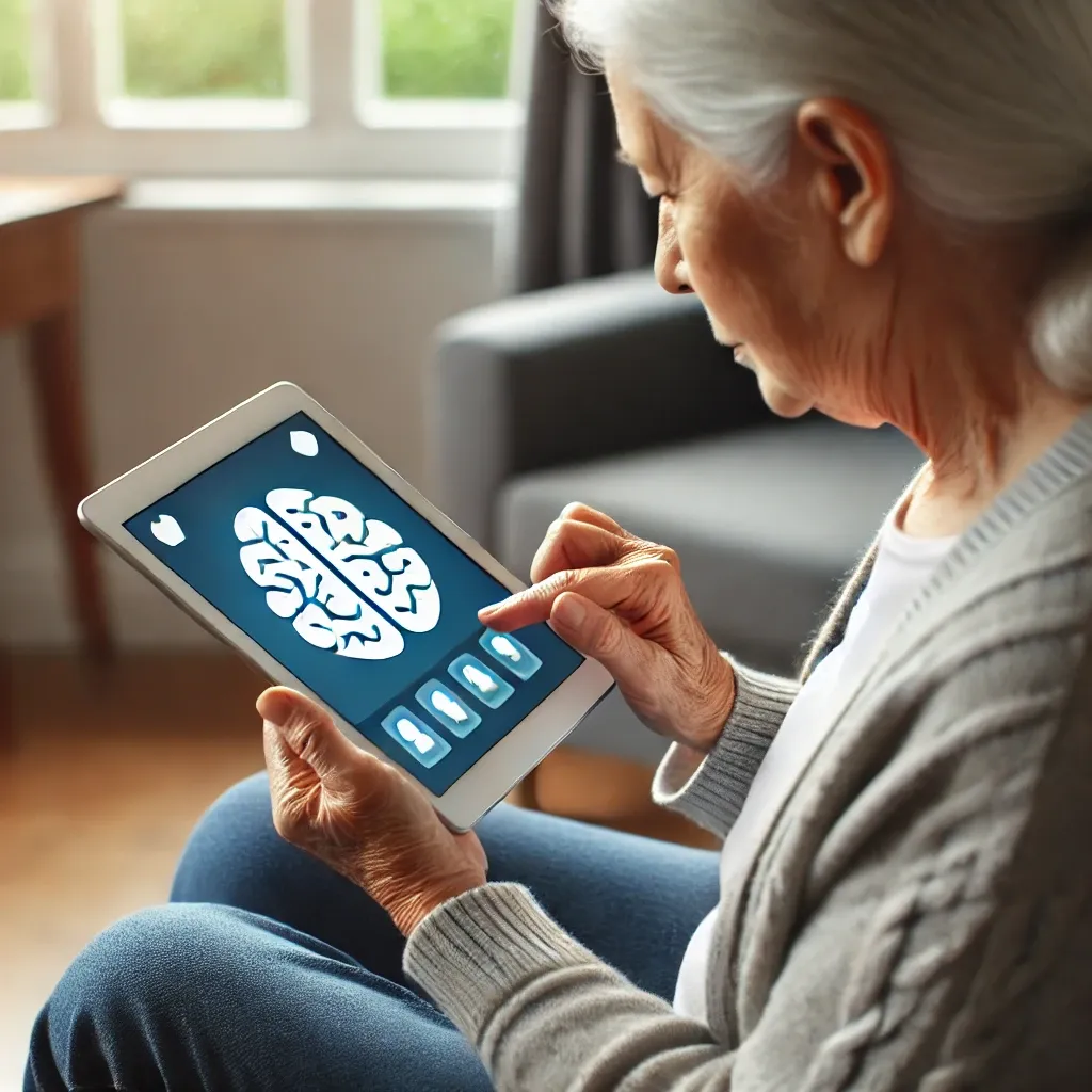 태블릿이나 스마트폰으로 두뇌 훈련 게임이나 기억력 운동을 하며 치매 예방을 위해 기술을 활용하는 노인&amp;#44; 집에서 편안하게 화면에 집중하는 모습